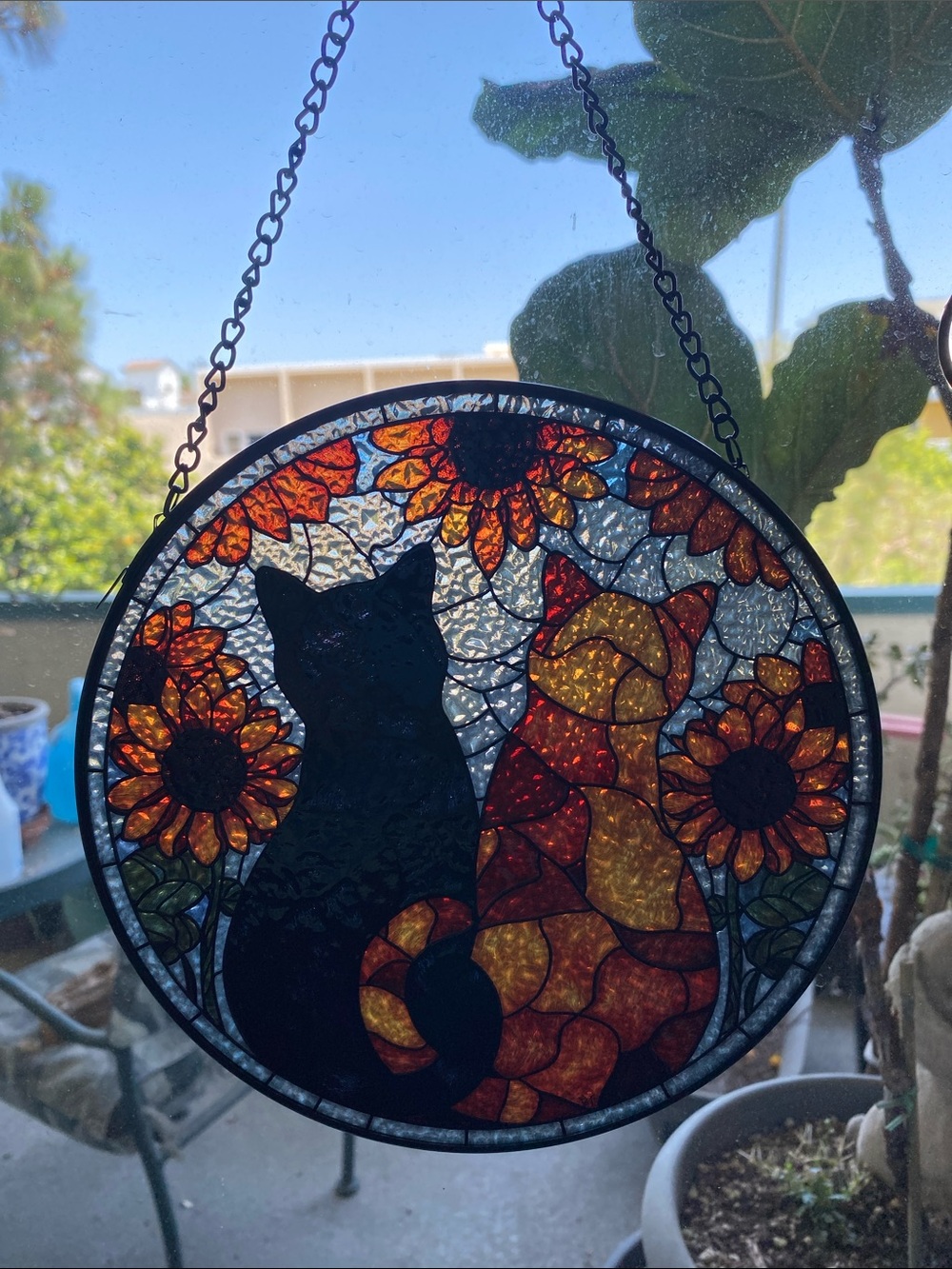 Stained Glass Cat Suncatcher with Sunflowers 8”